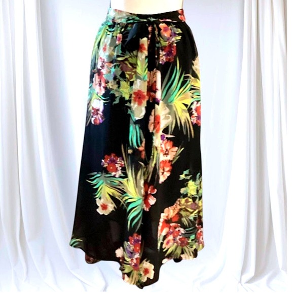 Moon Orchid Skirt Midi Women's Small Black/Floral Flowly Elastic Waist - Picture 2 of 9